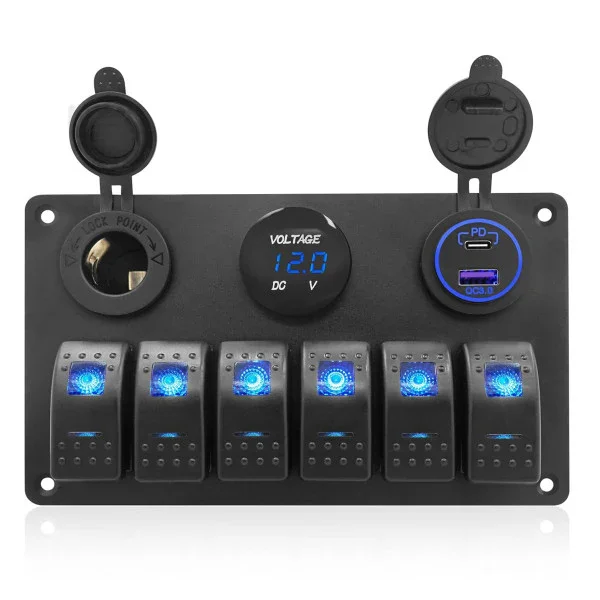 Allpa Deluxe 6-Switch 12V Marine Control Panel with Integrated Voltage Display for Boats - 2814 Vente Directe